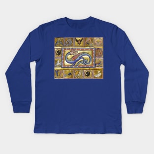 MEDIEVAL BESTIARY,SCITALIS LEGENDARY SERPENT, FANTASTIC ANIMALS IN GOLD RED BLUE COLORS Kids Long Sleeve T-Shirt